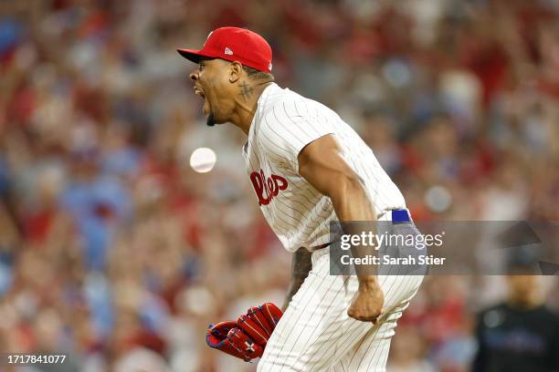 Gregory Soto of the Philadelphia Phillies celebrates after defeating the Miami Marlins 7-1 in Game Two of the Wild Card Series at Citizens Bank Park...