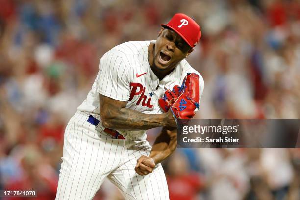 Gregory Soto of the Philadelphia Phillies celebrates after defeating the Miami Marlins 7-1 in Game Two of the Wild Card Series at Citizens Bank Park...