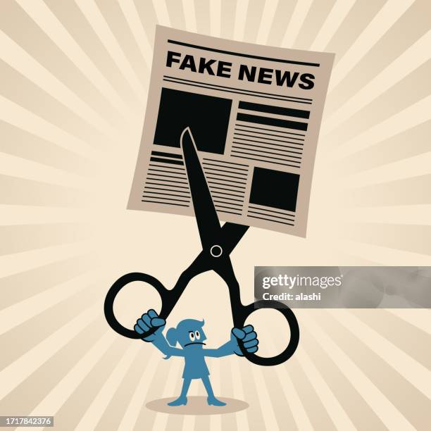 eine frau schneidet fake news mit einer schere - misinformation stock-grafiken, -clipart, -cartoons und -symbole