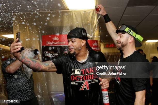 Ketel Marte of the Arizona Diamondbacks celebrates defeating the Milwaukee Brewers in Game Two of the Wild Card Series at American Family Field on...