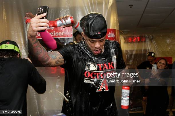 Ketel Marte of the Arizona Diamondbacks celebrates defeating the Milwaukee Brewers in Game Two of the Wild Card Series at American Family Field on...