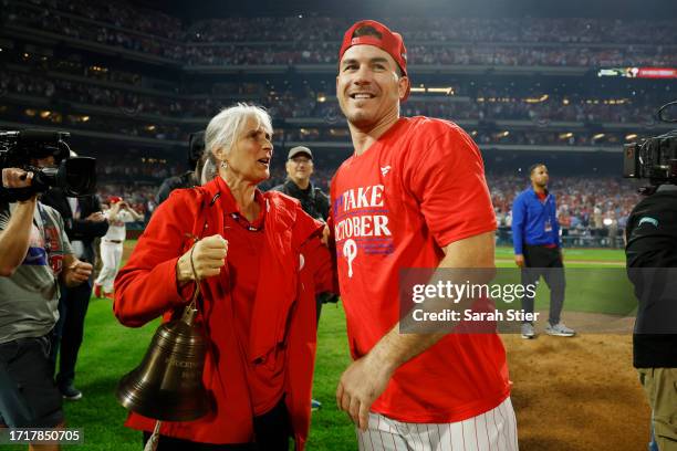 Realmuto of the Philadelphia Phillies reacts after defeating the Miami Marlins 7-1 in Game Two of the Wild Card Series at Citizens Bank Park on...