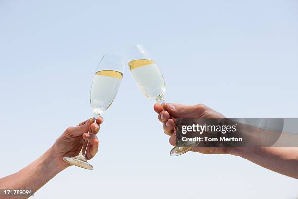 coppia brindando con champagne e bevande - sunlight through drink glass foto e immagini stock