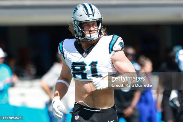 Hayden Hurst of the Carolina Panthers warms up against the Minnesota Vikings at Bank of America Stadium on October 1, 2023 in Charlotte, North...