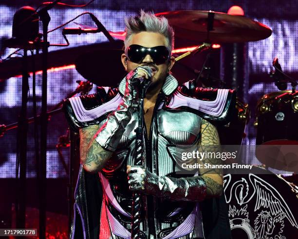 Singer Adam Lambert performs onstage as Queen + Adam Lambert kick off the "Rhapsody Tour" at CFG Bank Arena on October 04, 2023 in Baltimore,...