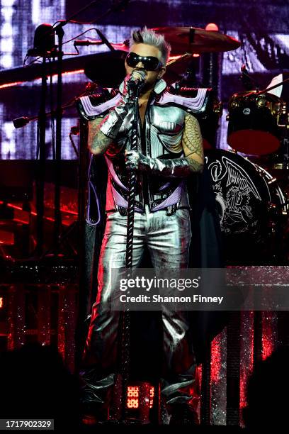 Singer Adam Lambert performs onstage as Queen + Adam Lambert kick off the "Rhapsody Tour" at CFG Bank Arena on October 04, 2023 in Baltimore,...