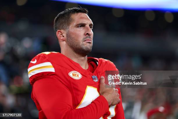 James Winchester of the Kansas City Chiefs stands on the sidelines during the national anthem prior to an NFL football game against the New York Jets...