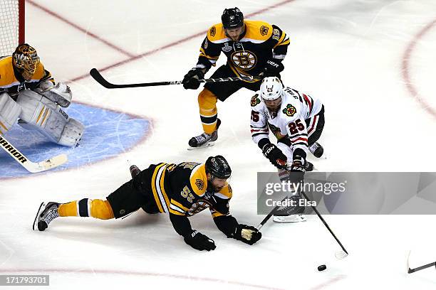 Viktor Stalberg of the Chicago Blackhawks in action against the Boston Bruins in Game Six of the 2013 NHL Stanley Cup Final at TD Garden on June 24,...