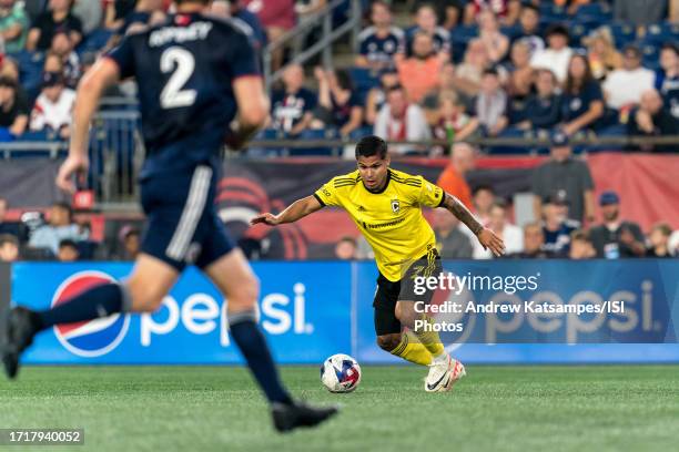 Cucho Hernandez of Columbus Crew looks to pass during a game between Columbus Crew and New England Revolution at Gillette Stadium on October 4, 2023...