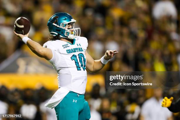 Grayson McCall of the Coastal Carolina Chanticleers looks to throw the ball during a football game against the Appalachian State Mountaineers at Kidd...