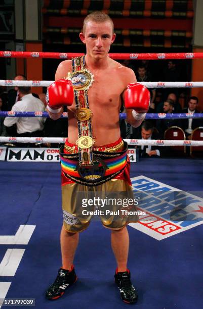 Paul Butler celebrates after winning the Commonwealth Super-Flyweight championship fight at Liverpool Olympia on June 28, 2013 in Liverpool, England