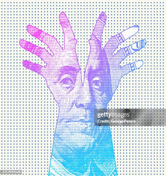 ben franklin and hands reaching - benjamin franklin bill stock illustrations