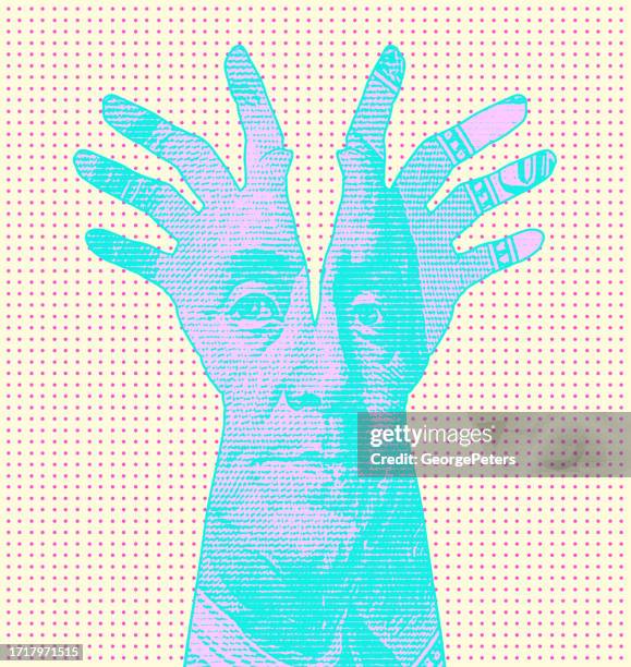 ben franklin and hands reaching - distorted portrait stock illustrations