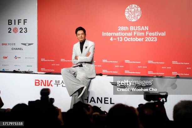 Chow Yun Fat attends ‘The Asian Filmmaker of the Year’ press conference during the 28th Busan International Film Festival at KNN Theatre on October...