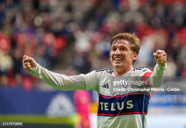 Ryan Gauld of the Vancouver Whitecaps FC celebrates the Vancouver Whitecaps FC goal by Sebastian Berhalter in the second half against St. Louis City...