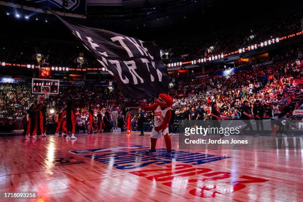 The Raptor of the Toronto Raptors gets the fans hype before the game against the Sacramento Kings on October 8, 2023 at the Rogers Arena in...