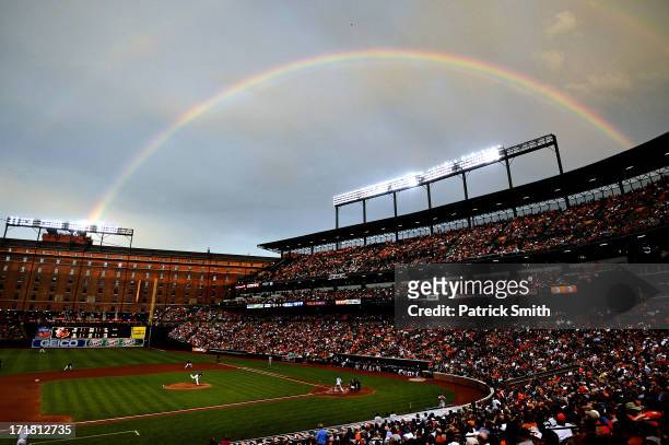 Rainbow shines in the sky as pitcher Kevin Gausman of the Baltimore Orioles works batter Alberto Gonzalez of the New York Yankees in the fourth...