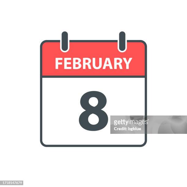 8. februar - tageskalender-symbol im flachen designstil auf weißem hintergrund - february stock-grafiken, -clipart, -cartoons und -symbole