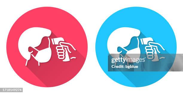 checking body temperature. round icon with long shadow on red or blue background - hand forehead stock illustrations