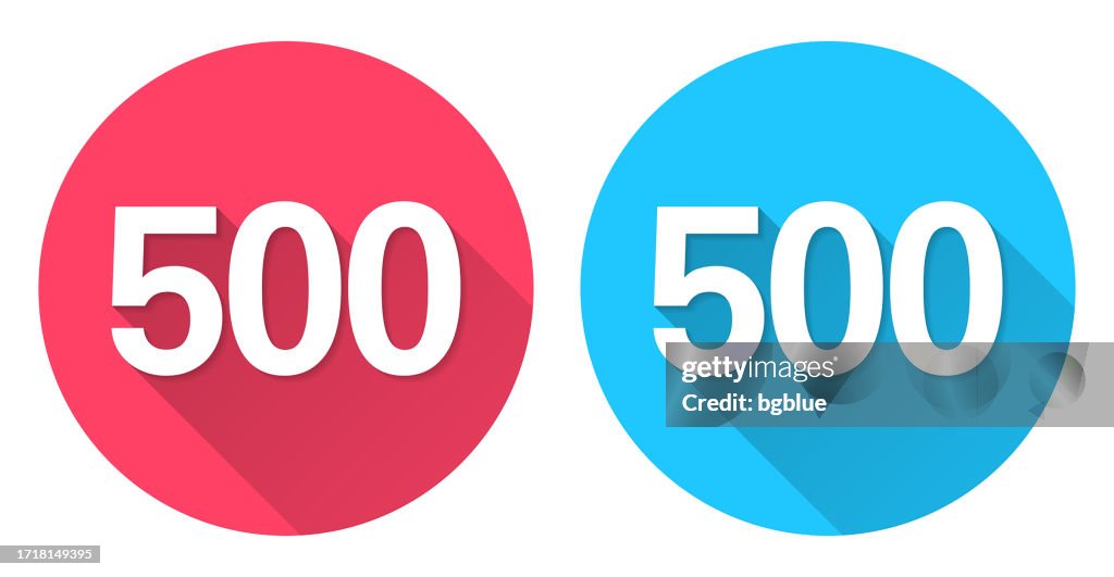 500 - Fünfhundert. Rundes Symbol mit langem Schatten auf rotem oder blauem Hintergrund