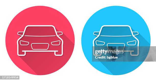 car - front view. round icon with long shadow on red or blue background - front windshield stock illustrations