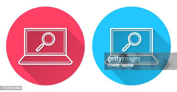 magnifying glass on laptop. round icon with long shadow on red or blue background - looking over computer screen stock illustrations