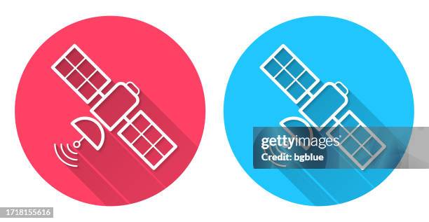 satellite. round icon with long shadow on red or blue background - satellite surveillance stock illustrations