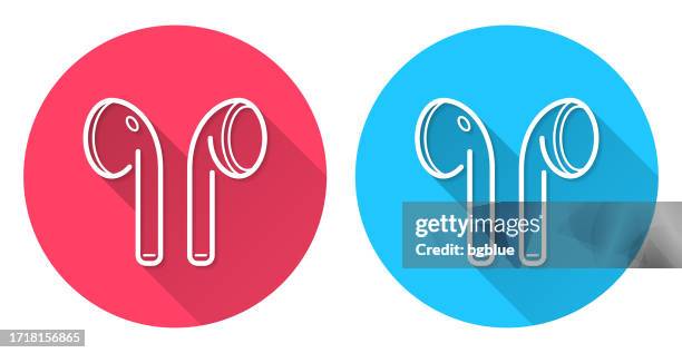 wireless earphones. round icon with long shadow on red or blue background - wireless earbuds stock illustrations