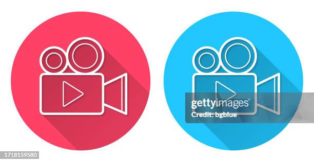 video camera. round icon with long shadow on red or blue background - antique tv stock illustrations
