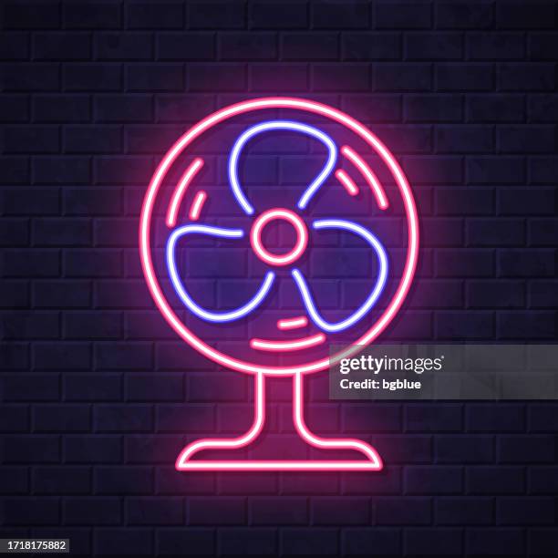 electric fan. glowing neon icon on brick wall background - brick wall interior stock illustrations