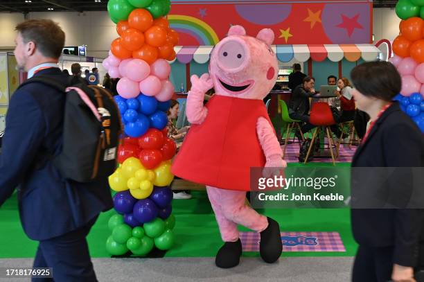 Peppa Pig character poses at the Hasbro stand during the Brand Licensing Europe at ExCel on October 04, 2023 in London, England. Brand Licensing...