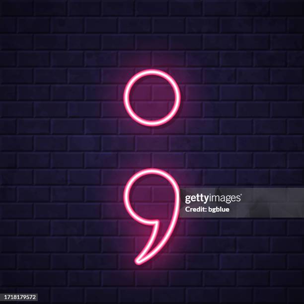 semicolon symbol. glowing neon icon on brick wall background - comma stock illustrations