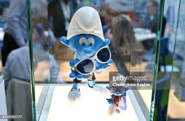 Smurf figure is displayed at the Smurfs stand during the Brand Licensing Europe at ExCel on October 04, 2023 in London, England. Brand Licensing...