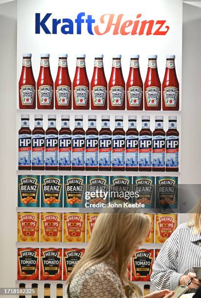 Kraft Heinz products including, Tomato Ketchup, HP Sauce, Beanz, Hoops and Tomato Soup are displayed during the Brand Licensing Europe at ExCel on...