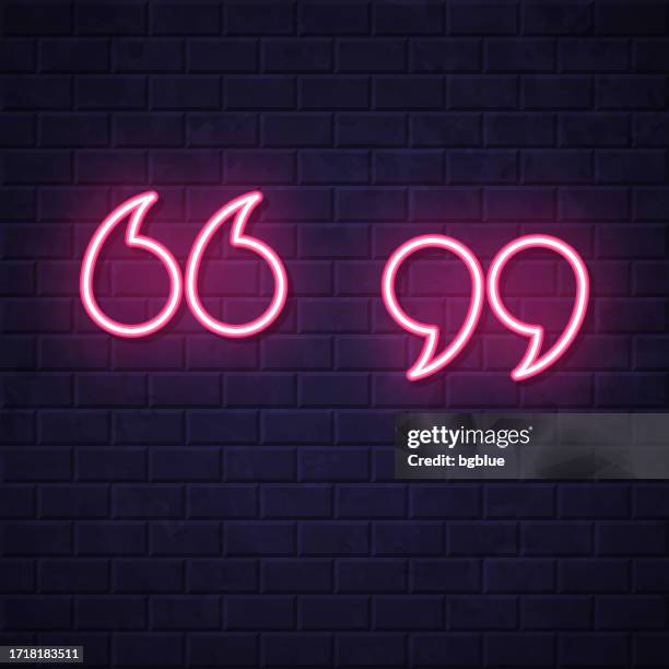 quotation marks. glowing neon icon on brick wall background - comma stock illustrations