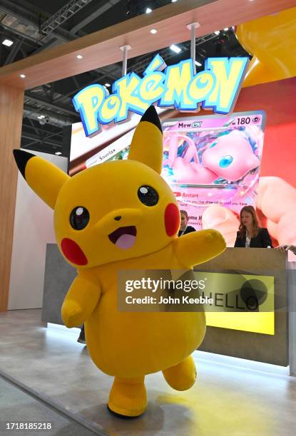 Pikachu Character poses at the Pokemon stand during the Brand Licensing Europe at ExCel on October 04, 2023 in London, England. Brand Licensing...