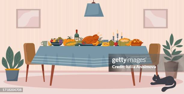 table thanksgiving2 - christmas dinner party stock illustrations