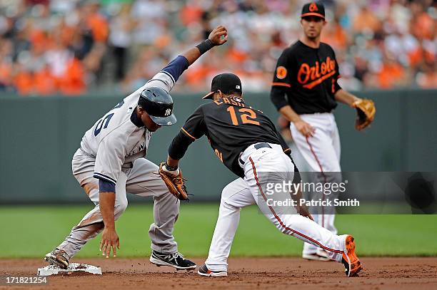 Safe on the play, Zoilo Almonte of the New York Yankees stays on the bag after stealing second base and is tagged by second baseman Alexi Casilla of...