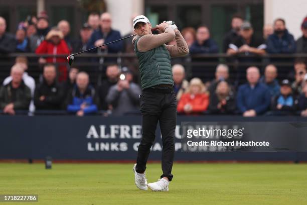 Former Footballer, Gareth Bale tees off on the 1st hole during Day One of the Alfred Dunhill Links Championship at Carnoustie Golf Links on October...