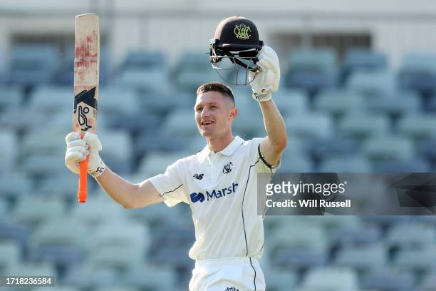 Cameron Bancroft of Western Australia celebrates his century during the Sheffield Shield match between Western Australia and Victoria at WACA, on...