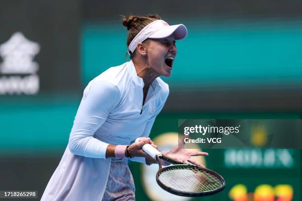 Veronika Kudermetova of Russia reacts in the Women's Singles Round of 16 match against Coco Gauff of United States on day 10 of the 2023 China Open...