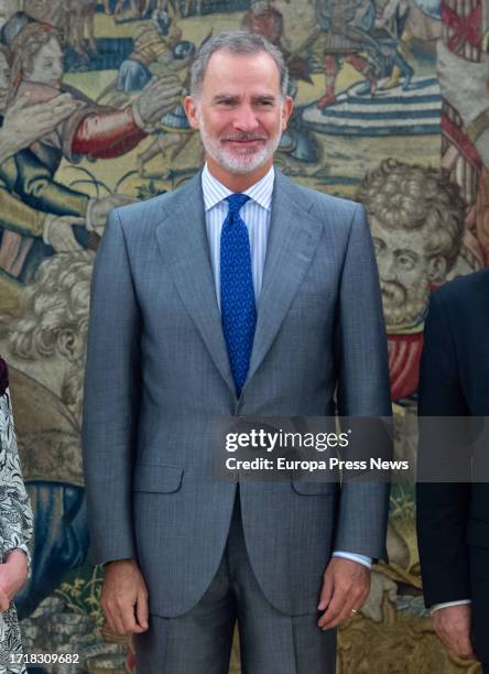 King Felipe VI poses on his arrival to receive the President of the European Court of Human Rights , on the occasion of her visit to Spain, at the...