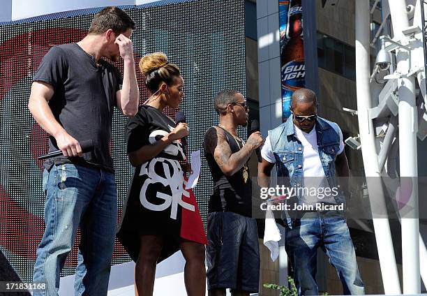 Actor Channing Tatum, Angela Simmons, Bow Wow, and actor Jamie Foxx attend 106 & Park Live presented by Target during the 2013 BET Exeperience at...