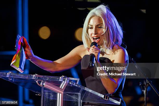 Musician Lady Gaga sings the Star-Spangled Banner at The Rally during NYC Pride 2013 on June 28, 2013 in New York City.