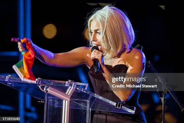 Musician Lady Gaga sings the Star-Spangled Banner at The Rally during NYC Pride 2013 on June 28, 2013 in New York City.
