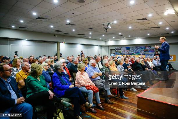 Former Australian prime minister Tony Abbott speaks during 'Tony Abbot - Vote No Hunter Region' event at Raymond Terrace Bowling Club on October 05,...