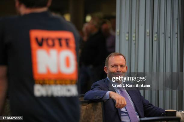 Former Australian prime minister Tony Abbott at 'Tony Abbot - Vote No Hunter Region' event at Raymond Terrace Bowling Club on October 05, 2023 in...