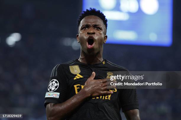 Vinicius Junior of Real Madrid CF celebrates after scoring the goal of 1-1 during the Champions League Group C football match between SSC Napoli and...