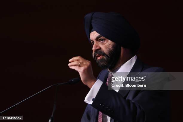 Ajay Banga, president of the World Bank Group, during a news conference at the annual meetings of the International Monetary Fund and World Bank in...