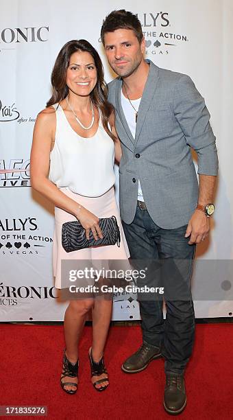 Anne-Marie Angelil and musician Marc Dupre arrive at the premiere of the show "Veronic Voices" at Bally's Las Vegas on June 28, 2013 in Las Vegas,...